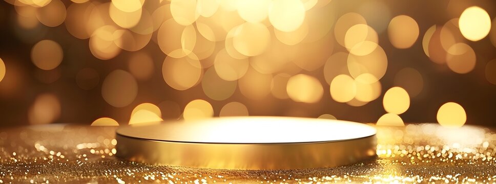 Gold podium on golden background with bokeh lights. Abstract luxury scene for product presentation, mockup