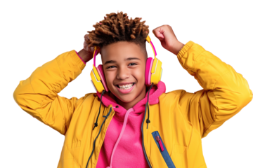 Happy Teenager Listening to Music with Bright Headphones