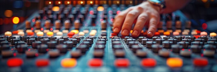 A close-up of a hand adjusting knobs on a large audio mixing board