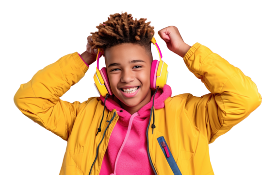Happy Teenager Listening to Music with Bright Headphones