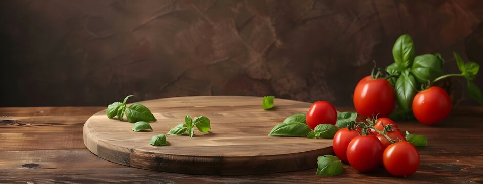 Mock up banner template of products display | Wooden round table with wooden pizza board, fresh tomatoes and basil on dark brown background with copy space for product presentation