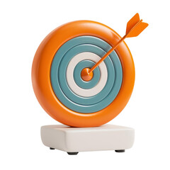 3D target with an orange and blue bullseye and an arrow hitting the center, symbolizing success, precision, and achievement.
