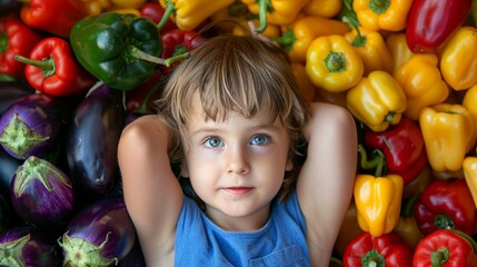 Fototapeta premium boy with red, green and yellow peppers along with purple eggplants generative ai