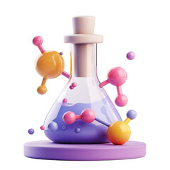 Colorful 3D illustration of a laboratory flask with molecular structures, representing scientific research and chemistry.