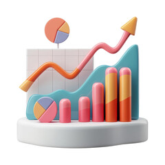 3D illustration of colorful business charts, graphs, and data visualization with arrows and pie charts on a white background.