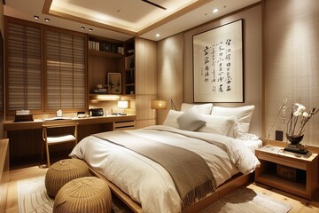 Obraz premium This image depicts a luxurious spa-like Asian bedroom retreat, featuring a plush canopy bed, designed to offer ultimate relaxation and tranquility in an elegant setting.