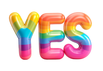 Photo with inflatable multicolored letters "YES". Minimalistic balloon lettering isolated on a transparent background