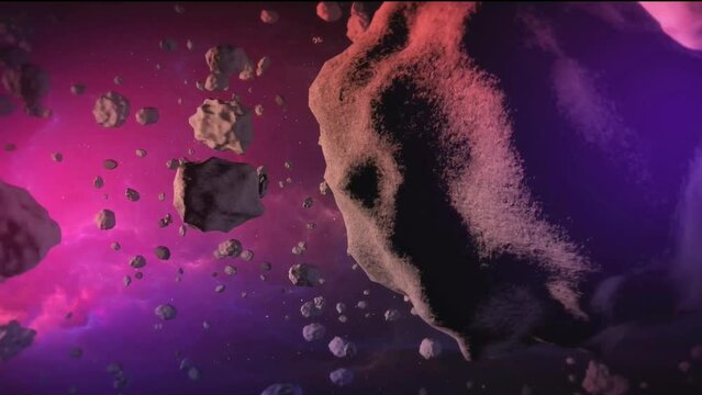 animated video of a large asteroid in outer space moving away