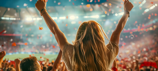 Enthusiastic crowd cheering at a sports stadium event