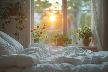 White comforter bed, sunlit window