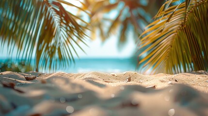 Fototapeta premium Defocused Palm Tree Fronds Frame a Sunny Beach Scene