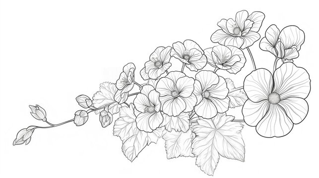 Bouquet of geranium flowers with leaves,simple line art on a white background, coloring page.
