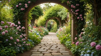 A peaceful garden path lined with blooming flowers and greenery, leading to a wooden archway, captured from a low perspective