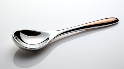 A close-up of a single, shiny, silver spoon isolated on a white background.