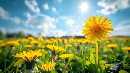 Vibrant Dandelions in a Sunny Meadow Field