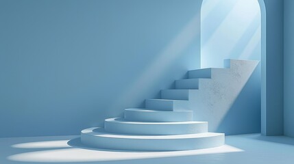 Minimalist Light Blue Room With Circular Staircase and Archway