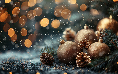 Christmas ornaments on snow-covered ground. Generative AI