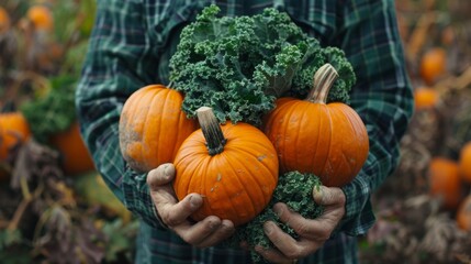 farmer holding orange pumpkins and kale leaves generative ai