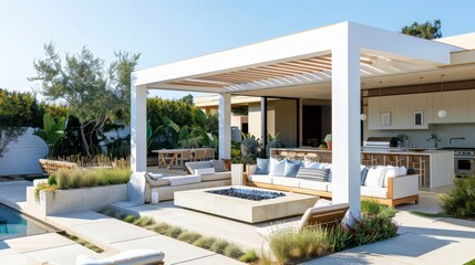 Fototapeta premium Coastal Elegance: Modern Patio with White Pergola, Spacious Seating Area, Fire Pit, and Lush Plants