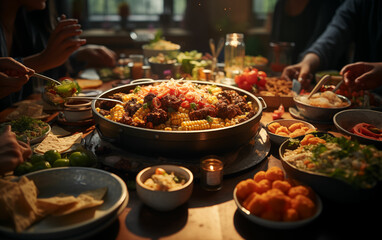 Family dinner table with plates of food and candles. Generative AI