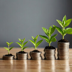 Money growing - A row of stacks of coins with plants growing up. Business finance banking savings investment economy concept
