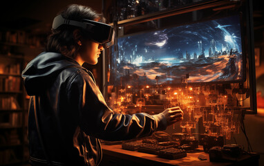 Man wearing virtual reality headset looking at city. Generative AI