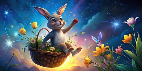 Easter bunny jumping out of a basket with spring flowers, Easter, bunny, basket, spring, flowers, watercolor, painting, digital,holiday, festive, celebration, animal, cute, pastel