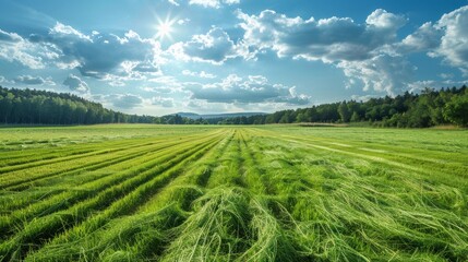 Sunlit Meadow With Cut Grass and Distant Trees