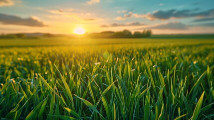 Fototapeta premium Lush Green Grass Field at Sunset
