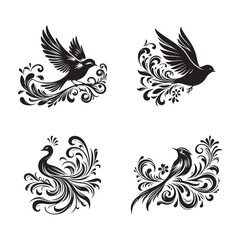 Fototapeta premium vector illustration set of birds, graphic unique design art of floral bird silhouette sign symbol