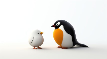 Naklejka premium Cute digital artwork of a big penguin and a little bird standing together on a white background. Perfect for children's illustrations.