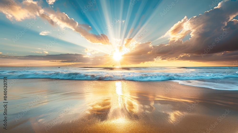Poster a beach at sunrise with beams of light breaking through the horizon, casting a golden glow on the sa