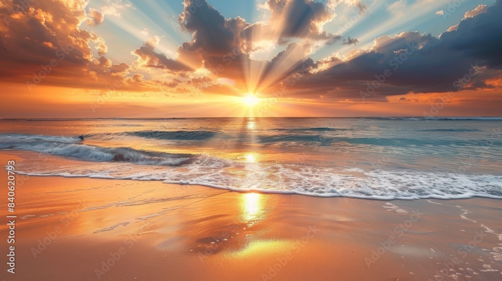 Poster a beach at sunrise with beams of light breaking through the horizon, casting a golden glow on the sa