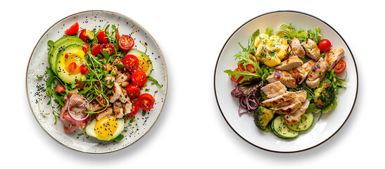 Set of healthy, fresh keto salad with sliced grilled chicken, ham, and grilled vegetables is placed on a white plate, isolated on transparent background. 