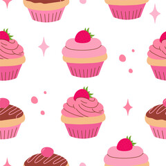 pink cupcakes seamless pattern, various cupcakes with cream, frosting, chocolate, cherry, strawberry, sweet dessert, pattern for print, wallpaper, wrapping, fabric and more