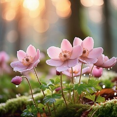 Beautiful pink flowers of anemones in spring in a forest fresh dew, Pink anemones with morning dew drops in a forest, pink and white flowers