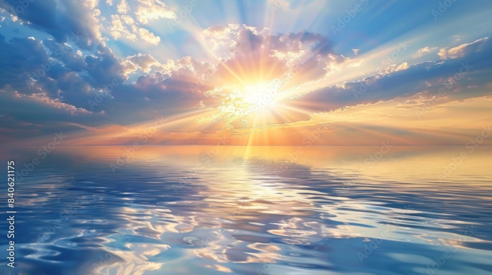 Poster a calm ocean at sunrise with rays of sunlight breaking through the clouds and reflecting off the wat