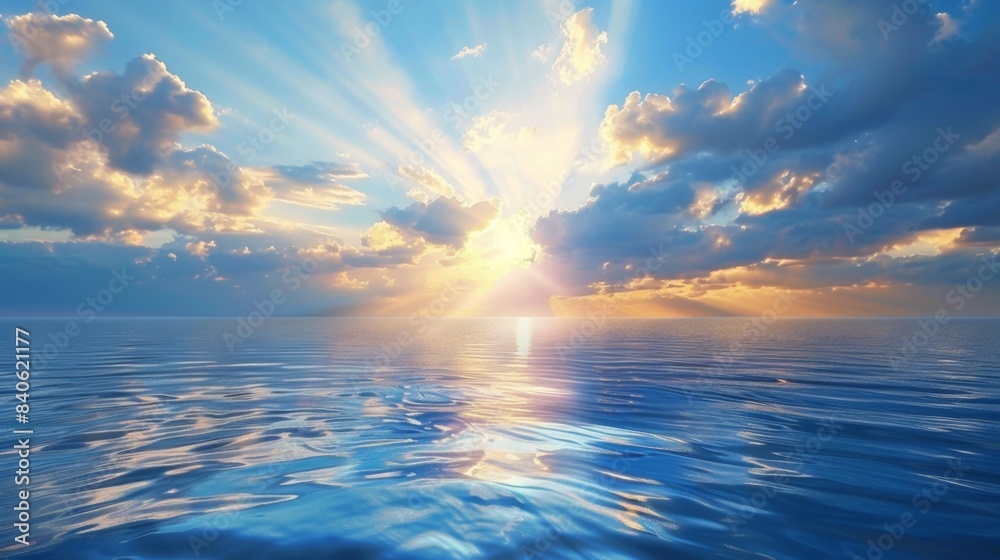 Poster a calm ocean at sunrise with rays of sunlight breaking through the clouds and reflecting off the wat