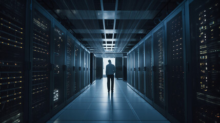 Technicians Monitoring Servers in High-Tech Data Center