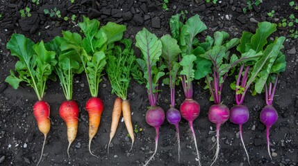 freshly cut red radishes and purple carrots generative ai