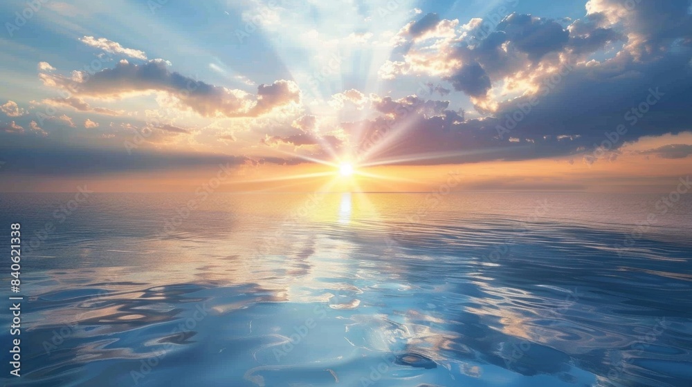 Aufkleber a calm ocean at sunrise with rays of sunlight breaking through the clouds and reflecting off the wat