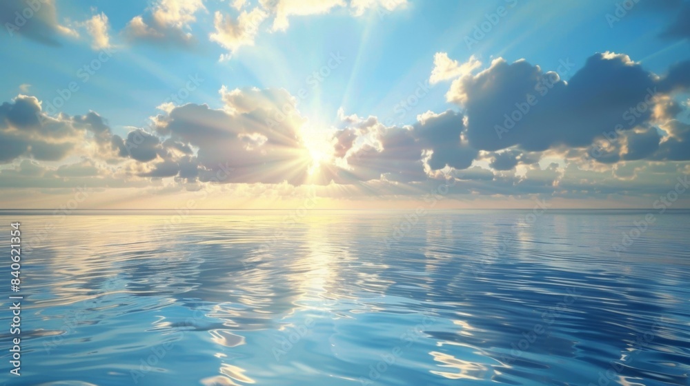 Poster a calm ocean at sunrise with rays of sunlight breaking through the clouds and reflecting off the wat