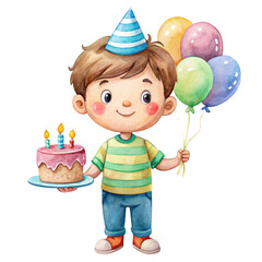 Cute Birthday Boy with party hat, balloons and birthday cake on transparent background