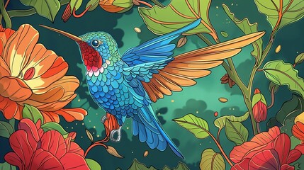 Obraz premium A colorful hummingbird hovers among vibrant flowers, showcasing its stunning feathers and wings.