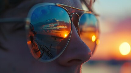 reflection of the sunset in the backpacker's sunglasses generative ai