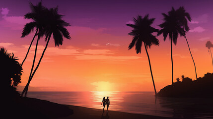 Serene Beach Sunset with Couple Walking