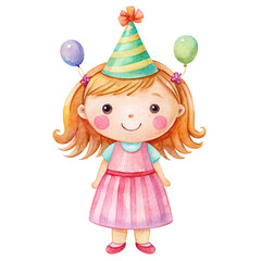 Cute birthday Girl with party hat and balloons on transparent background