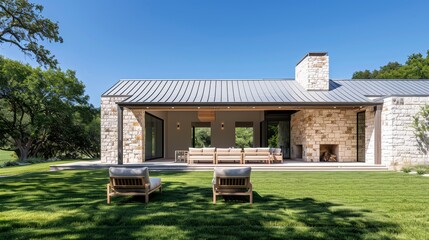 Serene Outdoor Living Space: Modern Farmhouse-Style House in Texas Countryside