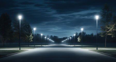 Pathway With Street Lamps, Nighttime Park. Night Landscape With Rows Of Lights. Generative AI