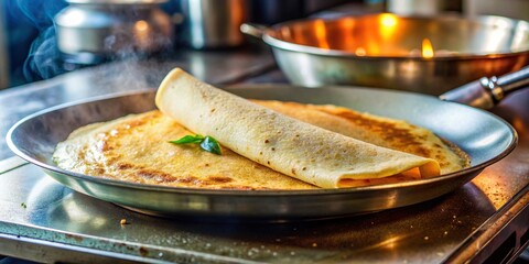 Close up of freshly cooked Dosa on a hot pan in a South Asian kitchen, Indian, dosa, cooking, kitchen, South Asian, food, cuisine, preparation, traditional, homemade, delicious, crispy